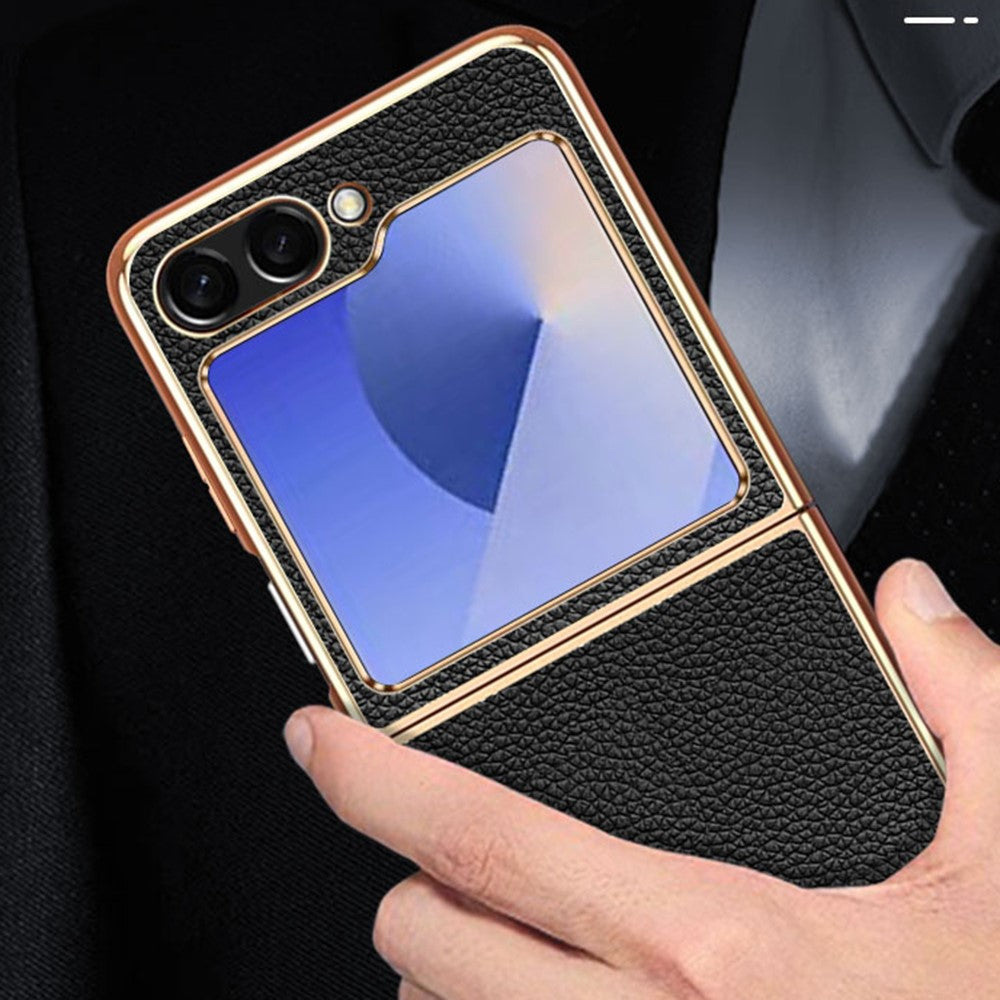 For Samsung Galaxy Z Flip7 FE 5G / Z Flip6 5G Case Litchi Texture Genuine Cow Leather+PC Phone Cover - Black