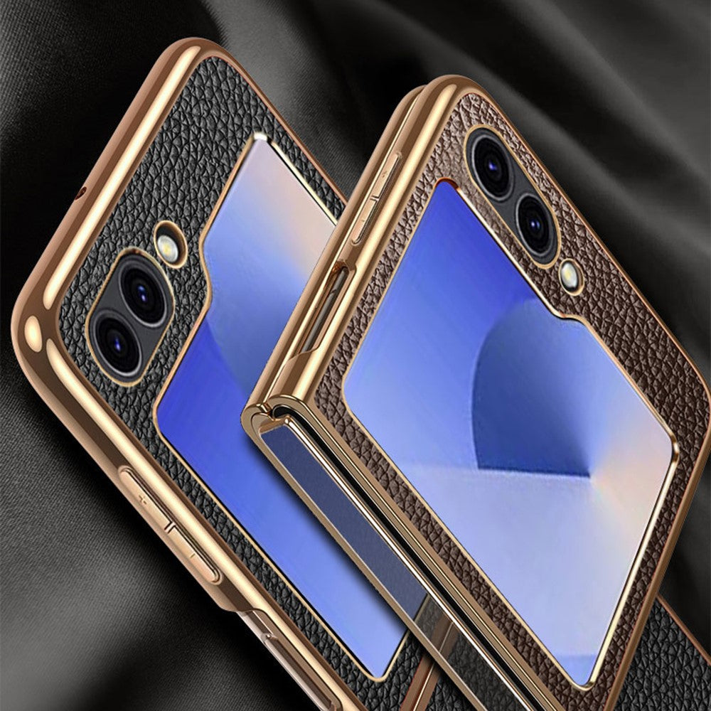 For Samsung Galaxy Z Flip7 FE 5G / Z Flip6 5G Case Litchi Texture Genuine Cow Leather+PC Phone Cover - Coffee