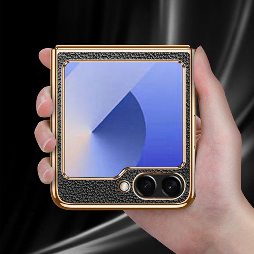 For Samsung Galaxy Z Flip7 FE 5G / Z Flip6 5G Case Litchi Texture Genuine Cow Leather+PC Phone Cover - Coffee