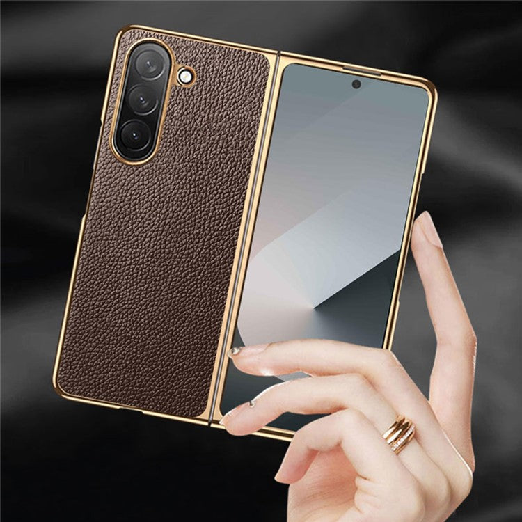 For Samsung Galaxy Z Fold6 5G Case Litchi Texture Genuine Cow Leather+PC Phone Cover - Black