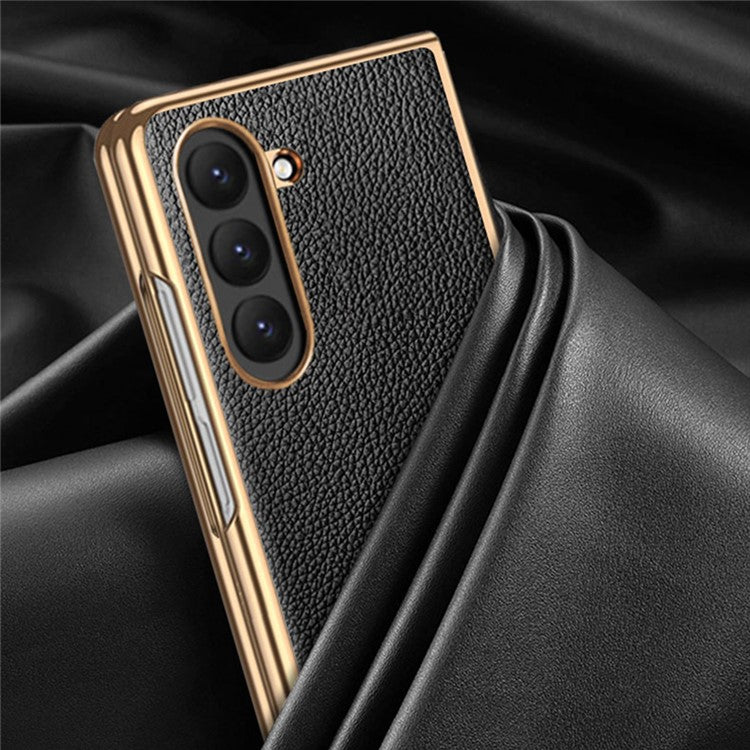 For Samsung Galaxy Z Fold6 5G Case Litchi Texture Genuine Cow Leather+PC Phone Cover - Black