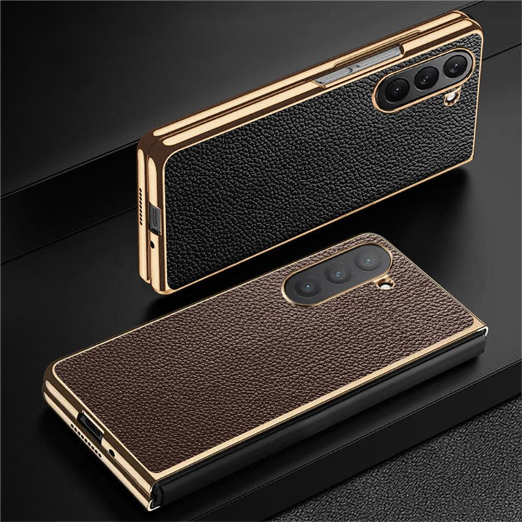 For Samsung Galaxy Z Fold6 5G Case Litchi Texture Genuine Cow Leather+PC Phone Cover - Black