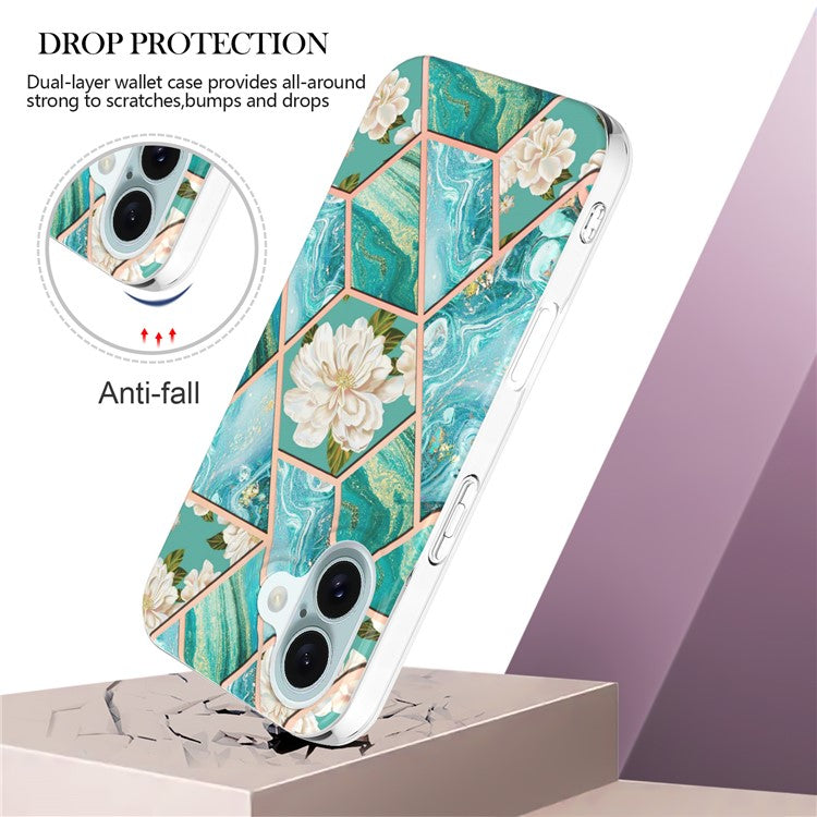 YB IMD Series-16 Style-E For iPhone 16 Case IMD Marble Flower Pattern TPU Phone Cover - Blue Flowers