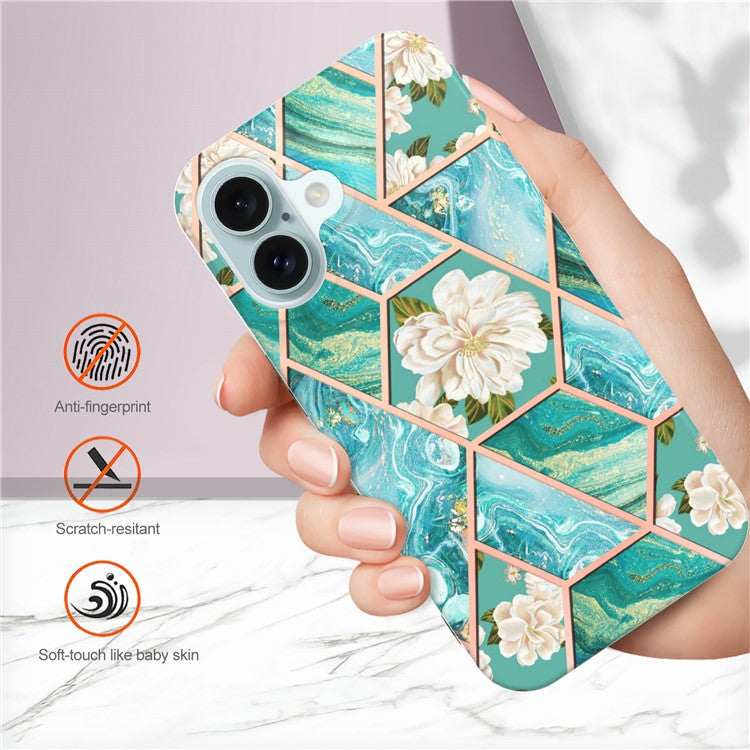YB IMD Series-16 Style-E For iPhone 16 Case IMD Marble Flower Pattern TPU Phone Cover - Blue Flowers