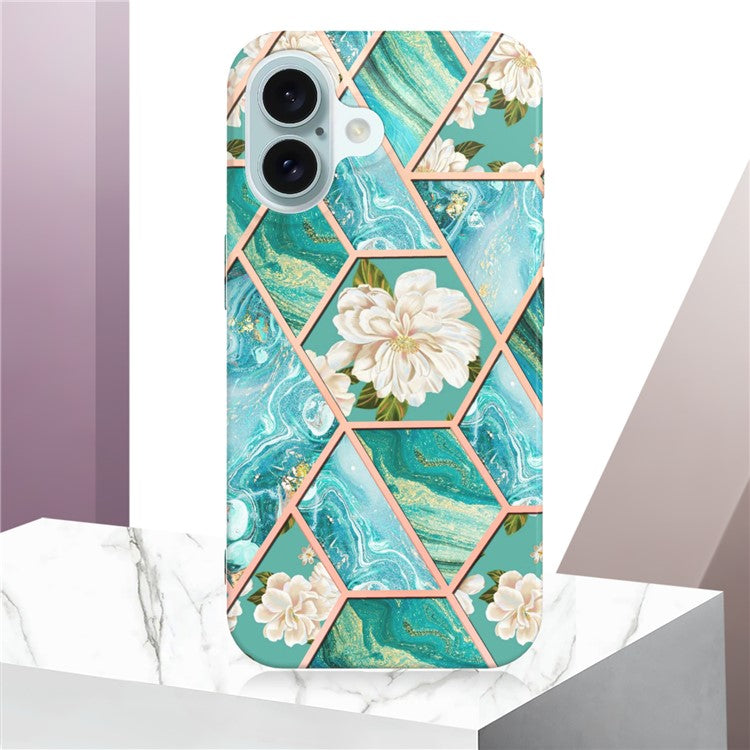 YB IMD Series-16 Style-E For iPhone 16 Case IMD Marble Flower Pattern TPU Phone Cover - Blue Flowers