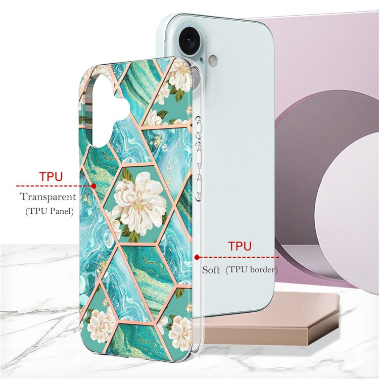YB IMD Series-16 Style-E For iPhone 16 Case IMD Marble Flower Pattern TPU Phone Cover - Blue Flowers