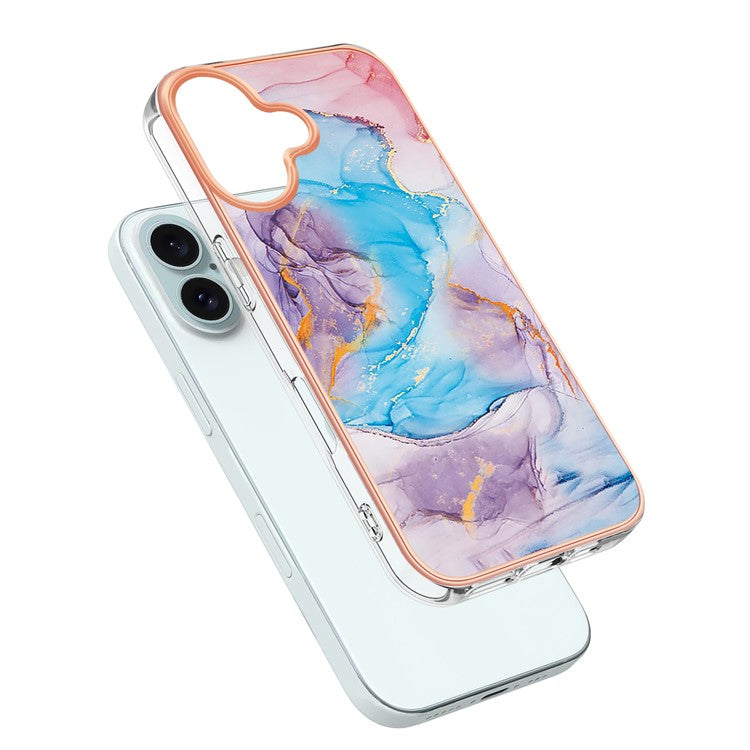 YB IMD Series-16 Style-E For iPhone 16 Case IMD Marble Flower Pattern TPU Phone Cover - Milky Way Marble Blue