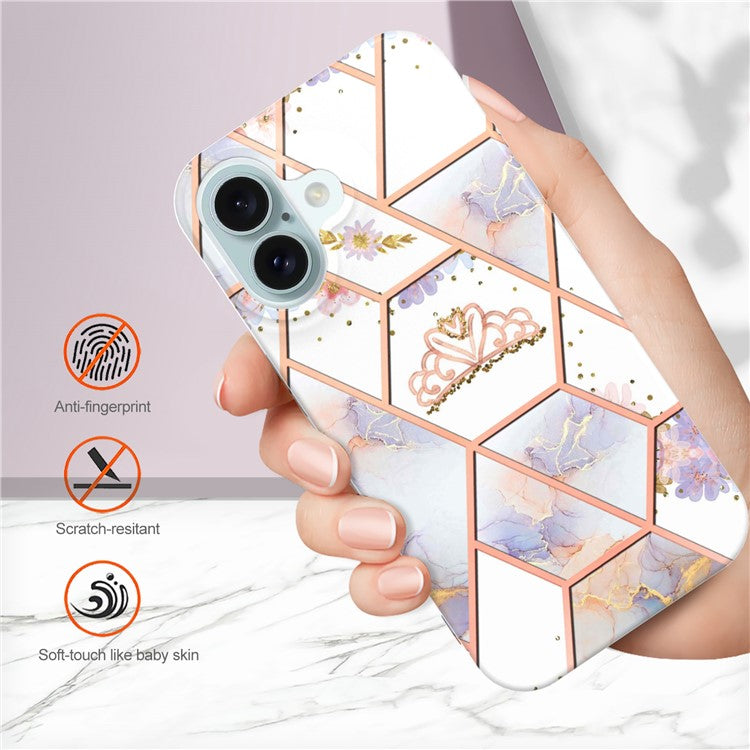 YB IMD Series-16 Style-E For iPhone 16 Plus Case IMD Marble Flower Pattern TPU Phone Cover - Crown