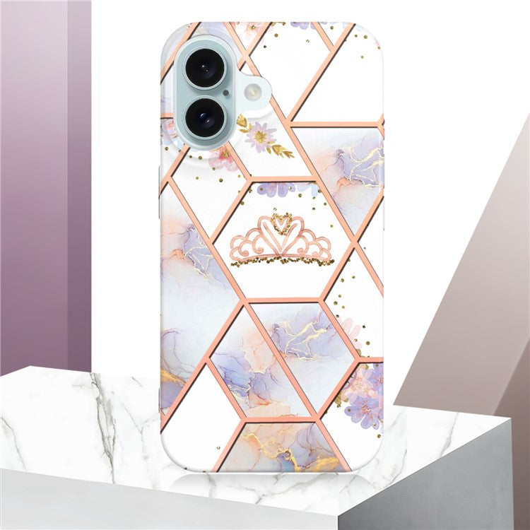 YB IMD Series-16 Style-E For iPhone 16 Plus Case IMD Marble Flower Pattern TPU Phone Cover - Crown