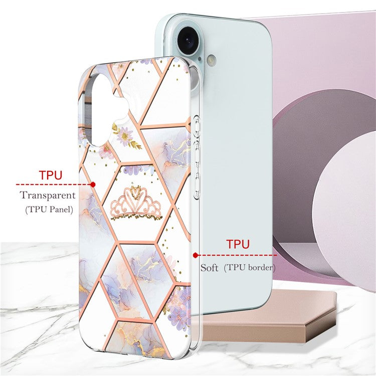 YB IMD Series-16 Style-E For iPhone 16 Plus Case IMD Marble Flower Pattern TPU Phone Cover - Crown