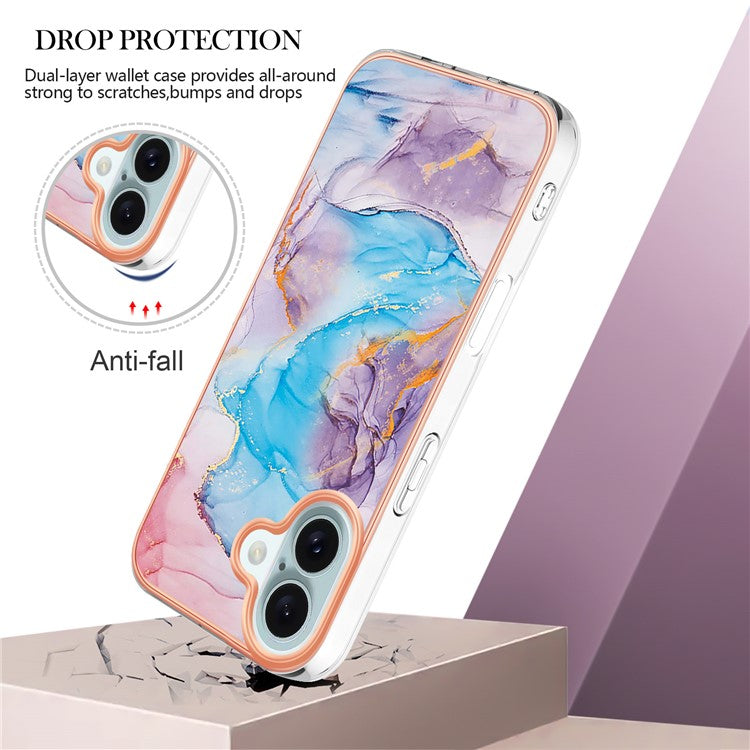 YB IMD Series-16 Style-E For iPhone 16 Plus Case IMD Marble Flower Pattern TPU Phone Cover - Milky Way Marble Blue