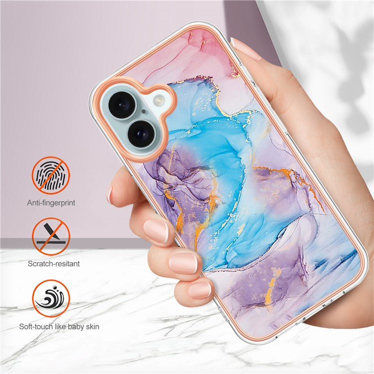 YB IMD Series-16 Style-E For iPhone 16 Plus Case IMD Marble Flower Pattern TPU Phone Cover - Milky Way Marble Blue