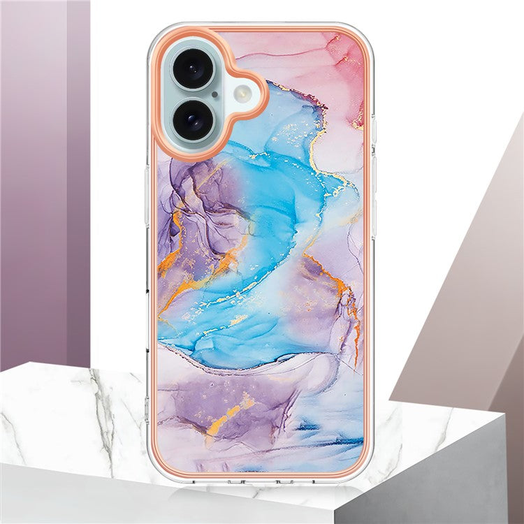 YB IMD Series-16 Style-E For iPhone 16 Plus Case IMD Marble Flower Pattern TPU Phone Cover - Milky Way Marble Blue