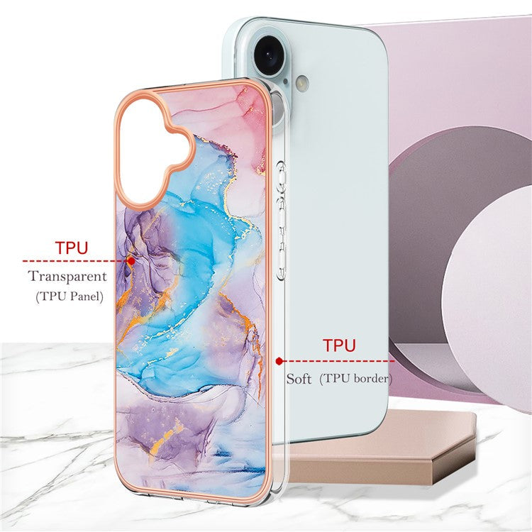 YB IMD Series-16 Style-E For iPhone 16 Plus Case IMD Marble Flower Pattern TPU Phone Cover - Milky Way Marble Blue