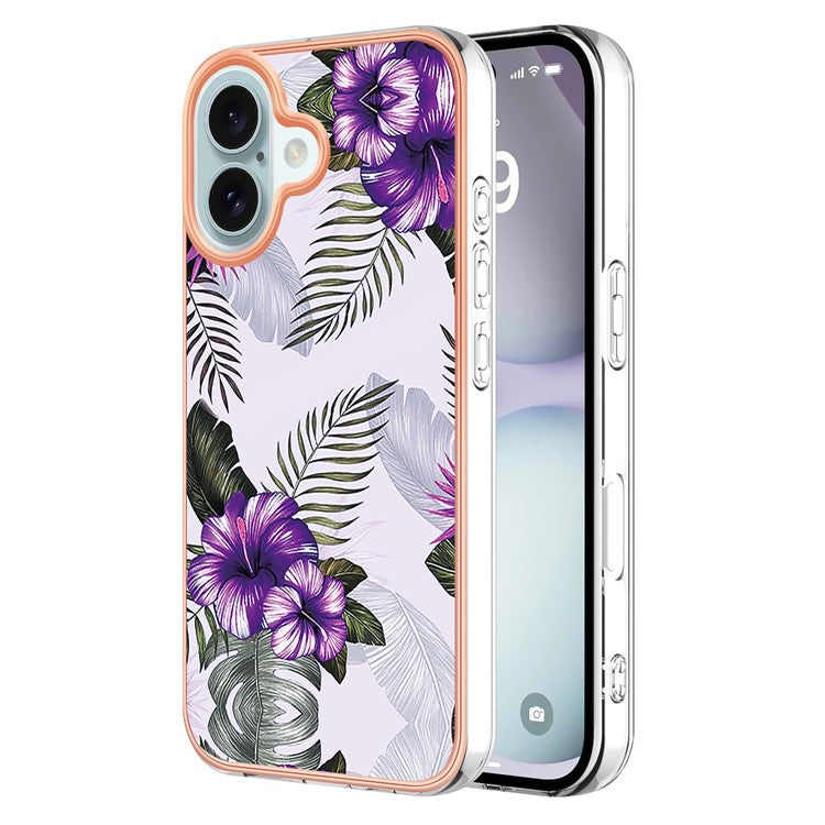 YB IMD Series-16 Style-E For iPhone 16 Plus Case IMD Marble Flower Pattern TPU Phone Cover - Purple Flower