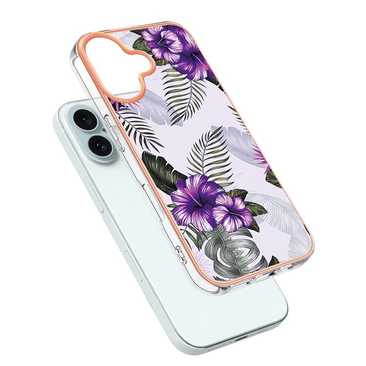 YB IMD Series-16 Style-E For iPhone 16 Plus Case IMD Marble Flower Pattern TPU Phone Cover - Purple Flower