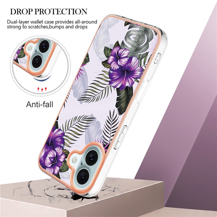 YB IMD Series-16 Style-E For iPhone 16 Plus Case IMD Marble Flower Pattern TPU Phone Cover - Purple Flower