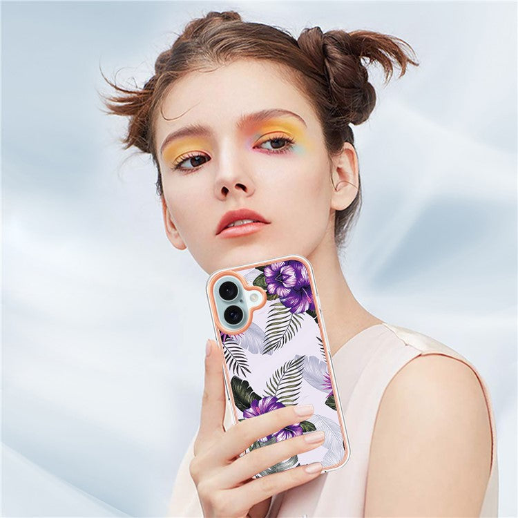 YB IMD Series-16 Style-E For iPhone 16 Plus Case IMD Marble Flower Pattern TPU Phone Cover - Purple Flower