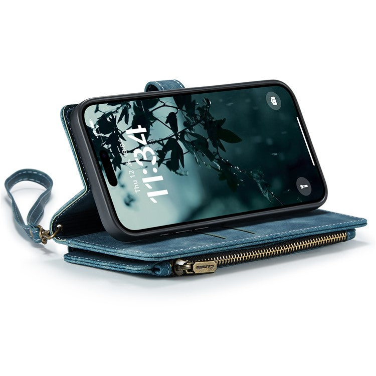CASEME C30 Series for iPhone 16 Case PU Leather 7 Card Slots Wallet Phone Cover - Blue