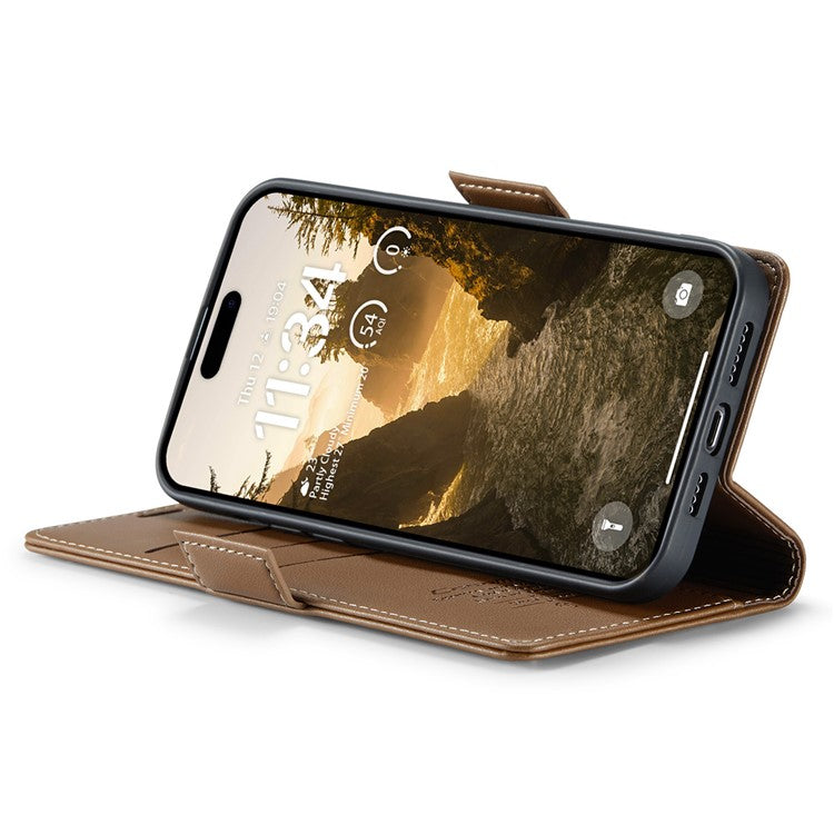 CASEME 023 Series For iPhone 16 Plus Case RFID Blocking Glossy Stand Phone Cover - Brown