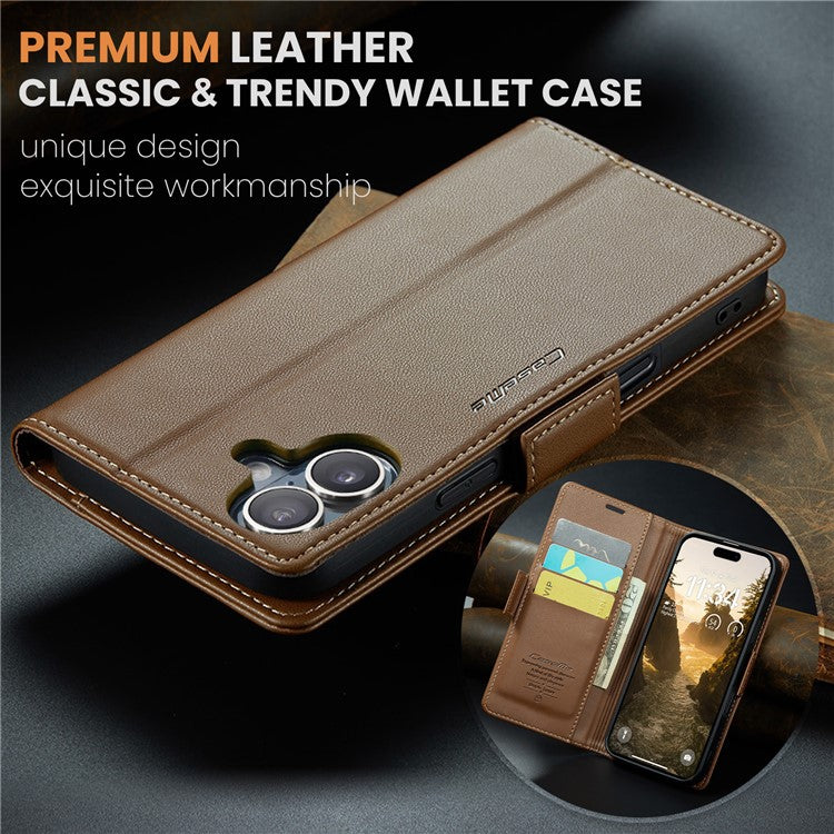 CASEME 023 Series For iPhone 16 Plus Case RFID Blocking Glossy Stand Phone Cover - Brown