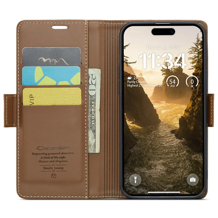 CASEME 023 Series For iPhone 16 Case RFID Blocking Glossy Stand Phone Cover - Brown