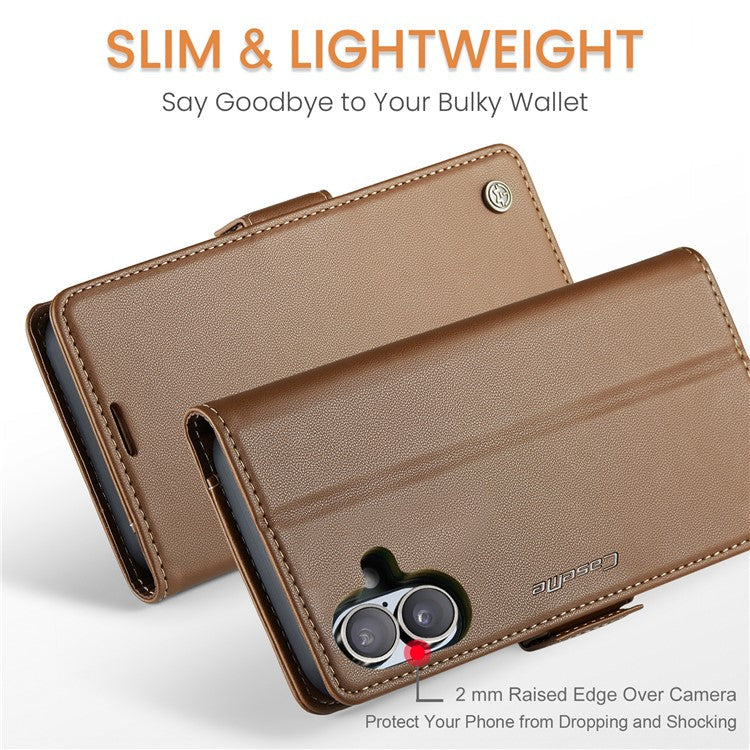 CASEME 023 Series For iPhone 16 Case RFID Blocking Glossy Stand Phone Cover - Brown