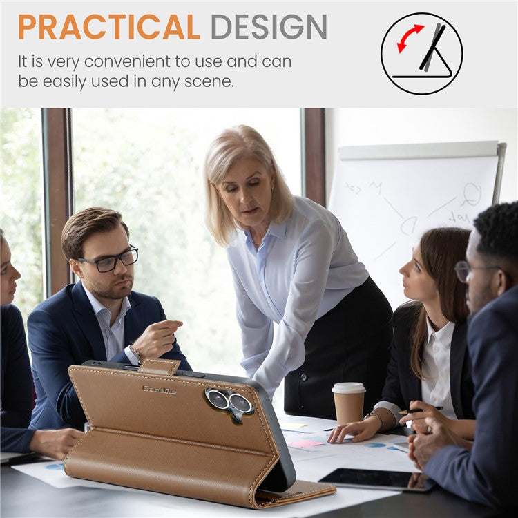 CASEME 023 Series For iPhone 16 Case RFID Blocking Glossy Stand Phone Cover - Brown