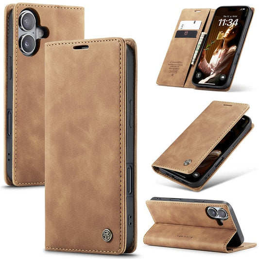 CASEME 013 Series For iPhone 16 Plus Case Card Holder Stand Leather Phone Cover - Brown