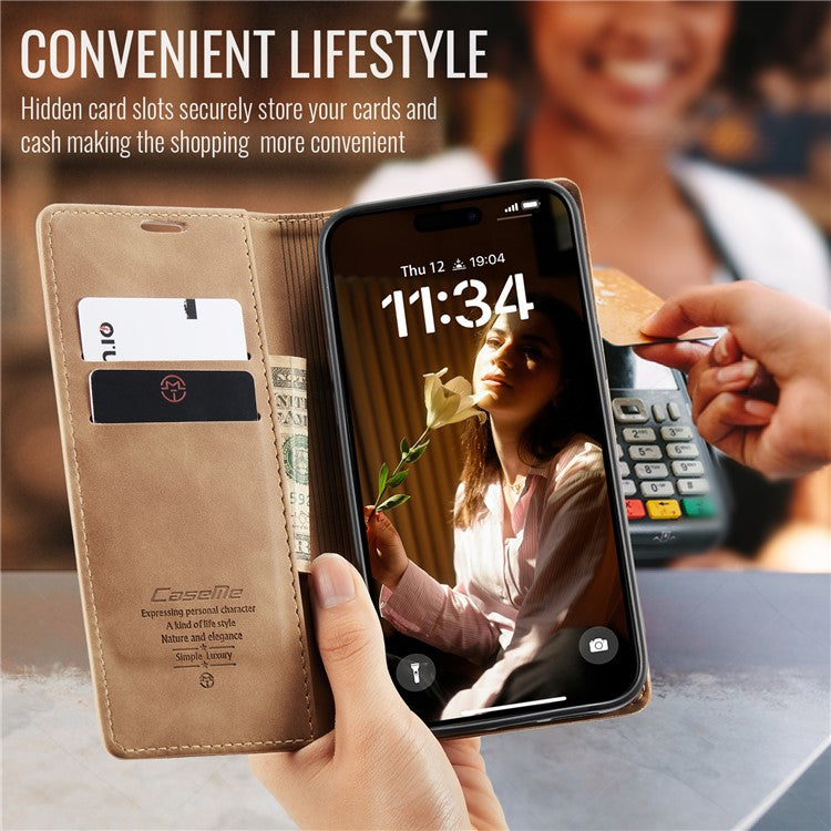CASEME 013 Series For iPhone 16 Plus Case Card Holder Stand Leather Phone Cover - Brown