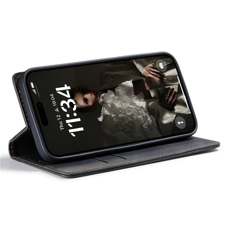 CASEME 013 Series For iPhone 16 Case Card Holder Stand Leather Phone Cover - Black