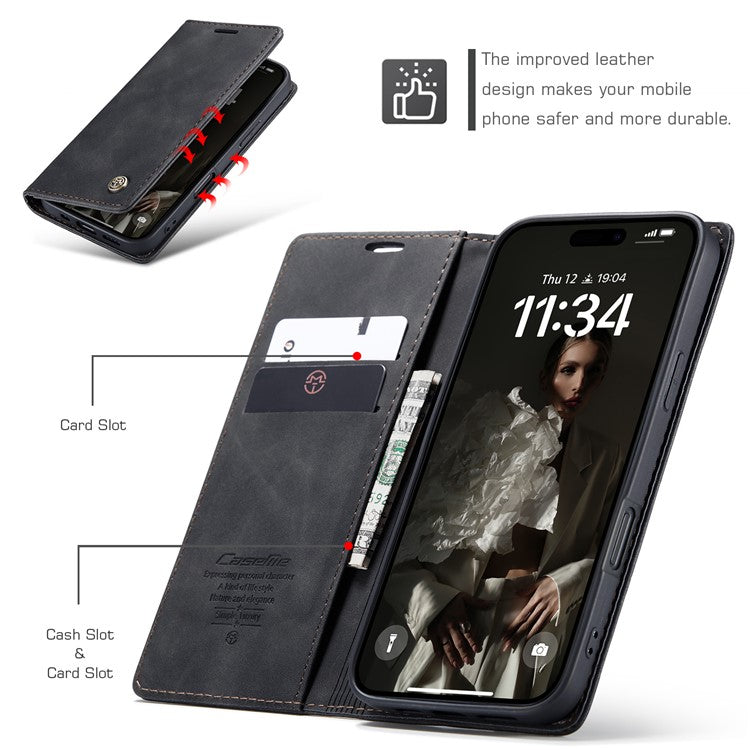 CASEME 013 Series For iPhone 16 Case Card Holder Stand Leather Phone Cover - Black