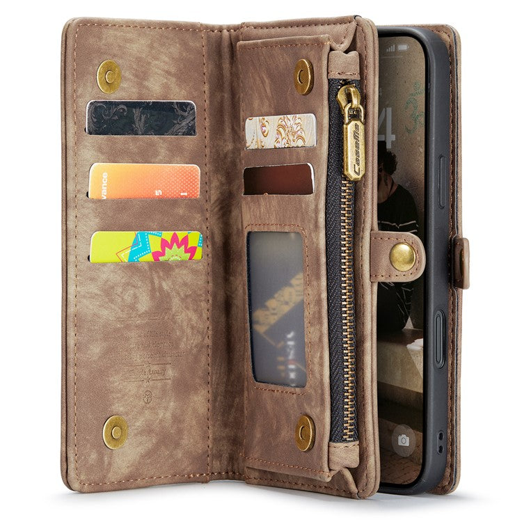 CASEME 008 Series for iPhone 16 Case Leather Phone Cover Zipper Pocket Wallet - Brown