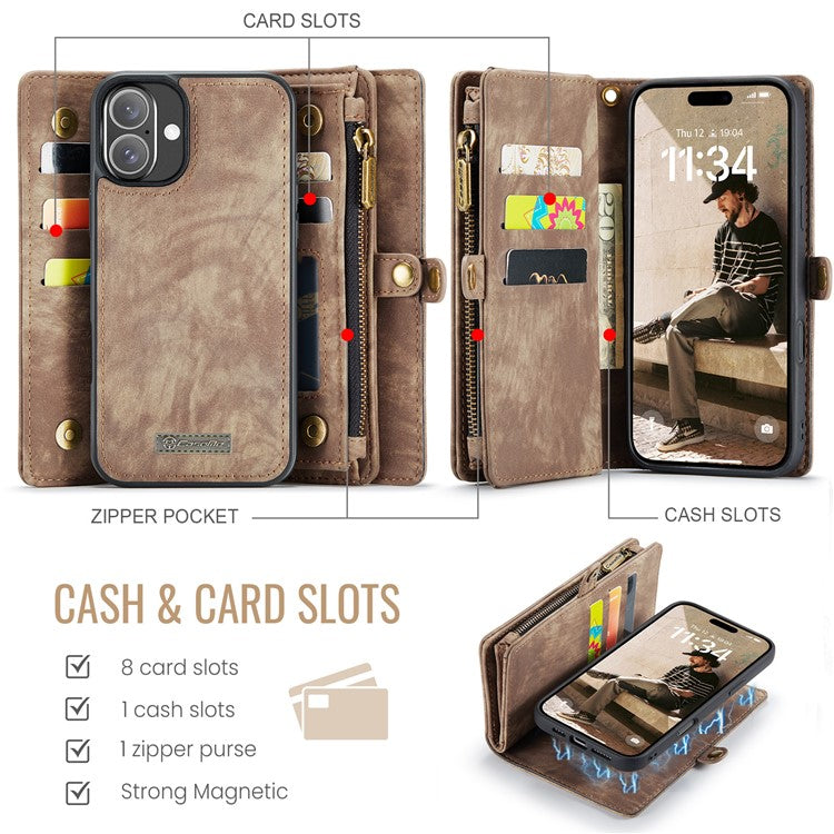 CASEME 008 Series for iPhone 16 Case Leather Phone Cover Zipper Pocket Wallet - Brown