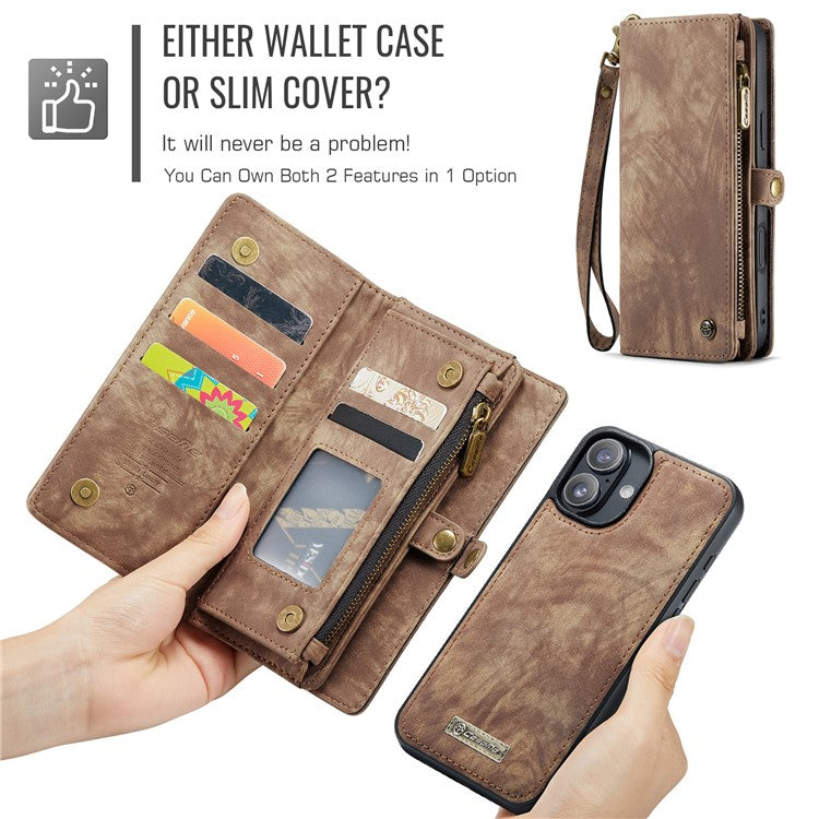 CASEME 008 Series for iPhone 16 Case Leather Phone Cover Zipper Pocket Wallet - Brown