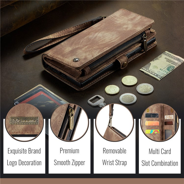 CASEME 008 Series for iPhone 16 Case Leather Phone Cover Zipper Pocket Wallet - Brown
