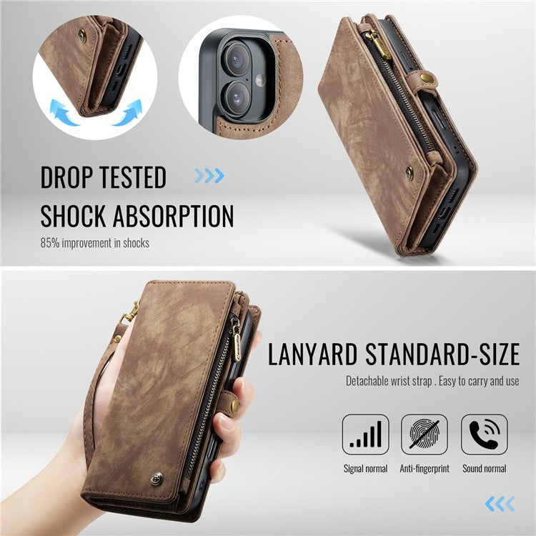CASEME 008 Series for iPhone 16 Case Leather Phone Cover Zipper Pocket Wallet - Brown