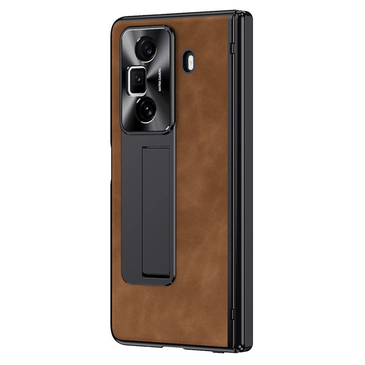 For Honor Magic Vs3 5G Case Leather+PC Kickstand Phone Cover with Tempered Glass Film - Brown