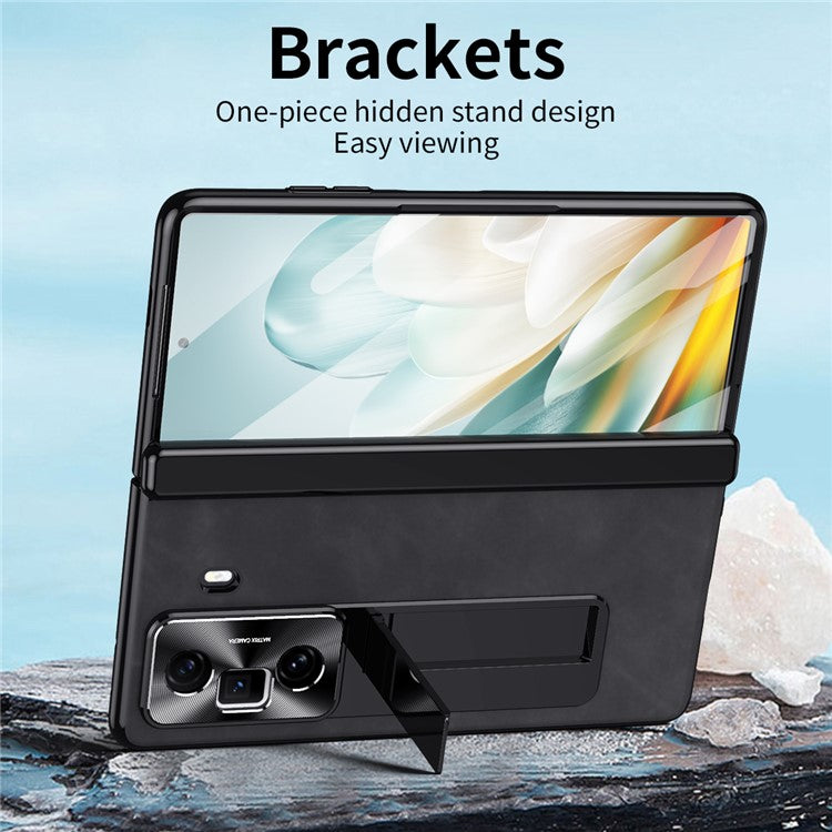 For Honor Magic Vs3 5G Case Leather+PC Kickstand Phone Cover with Tempered Glass Film - Brown