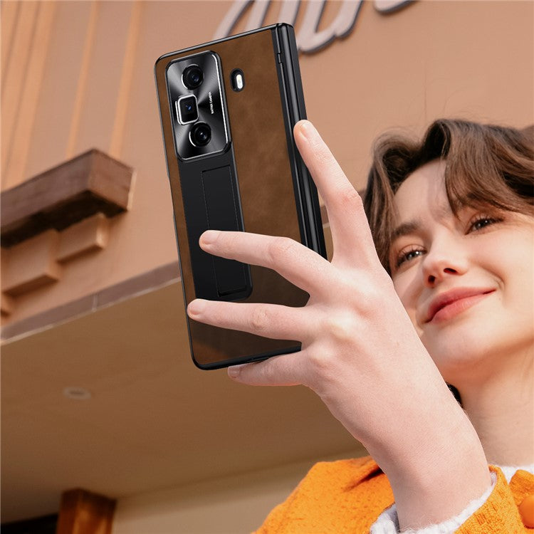 For Honor Magic Vs3 5G Case Leather+PC Kickstand Phone Cover with Tempered Glass Film - Brown