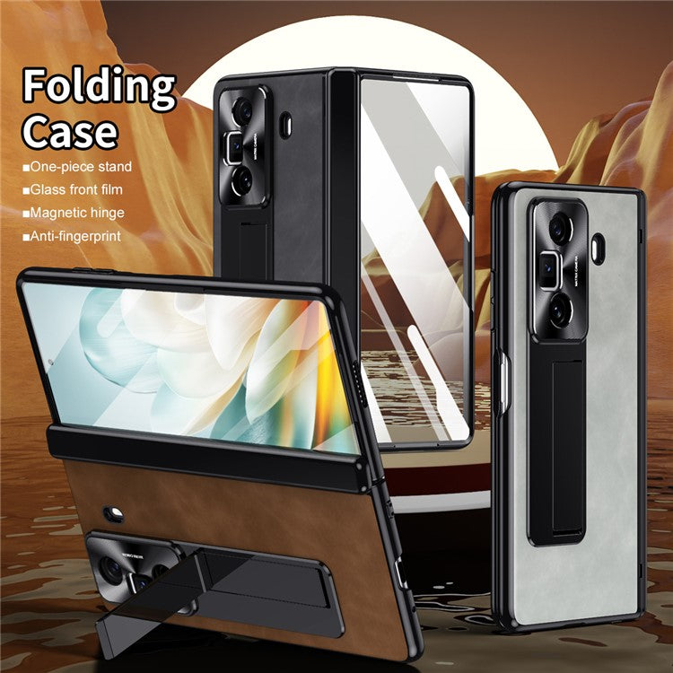 For Honor Magic Vs3 5G Case Leather+PC Kickstand Phone Cover with Tempered Glass Film - Black