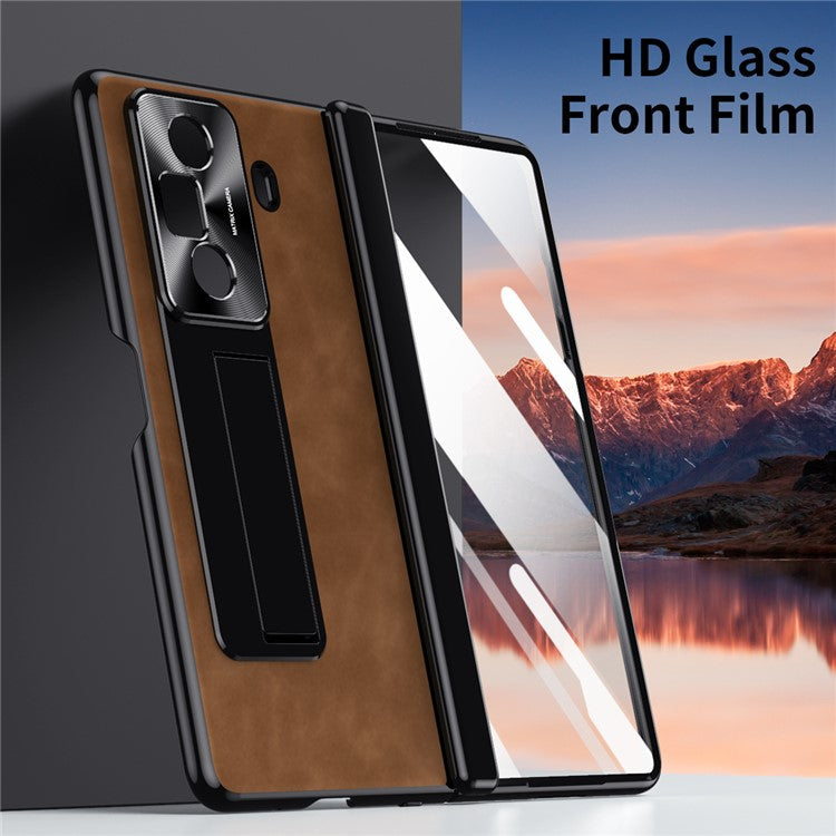 For Honor Magic Vs3 5G Case Leather+PC Kickstand Phone Cover with Tempered Glass Film - Black