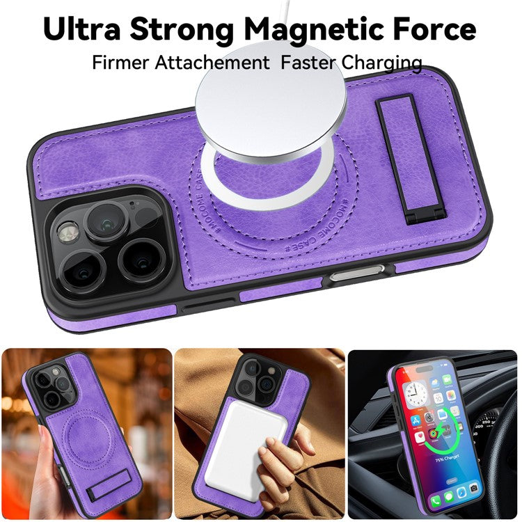 For iPhone 16 Pro Magnetic Case Leather Kickstand Phone Cover Compatible with MagSafe - Light Purple