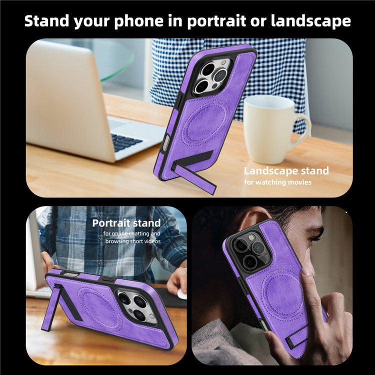 For iPhone 16 Pro Magnetic Case Leather Kickstand Phone Cover Compatible with MagSafe - Light Purple