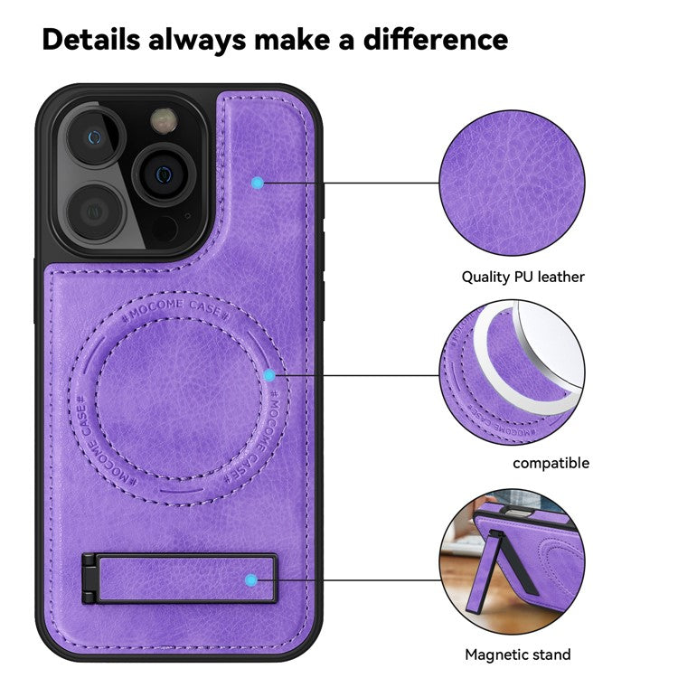 For iPhone 16 Pro Magnetic Case Leather Kickstand Phone Cover Compatible with MagSafe - Light Purple