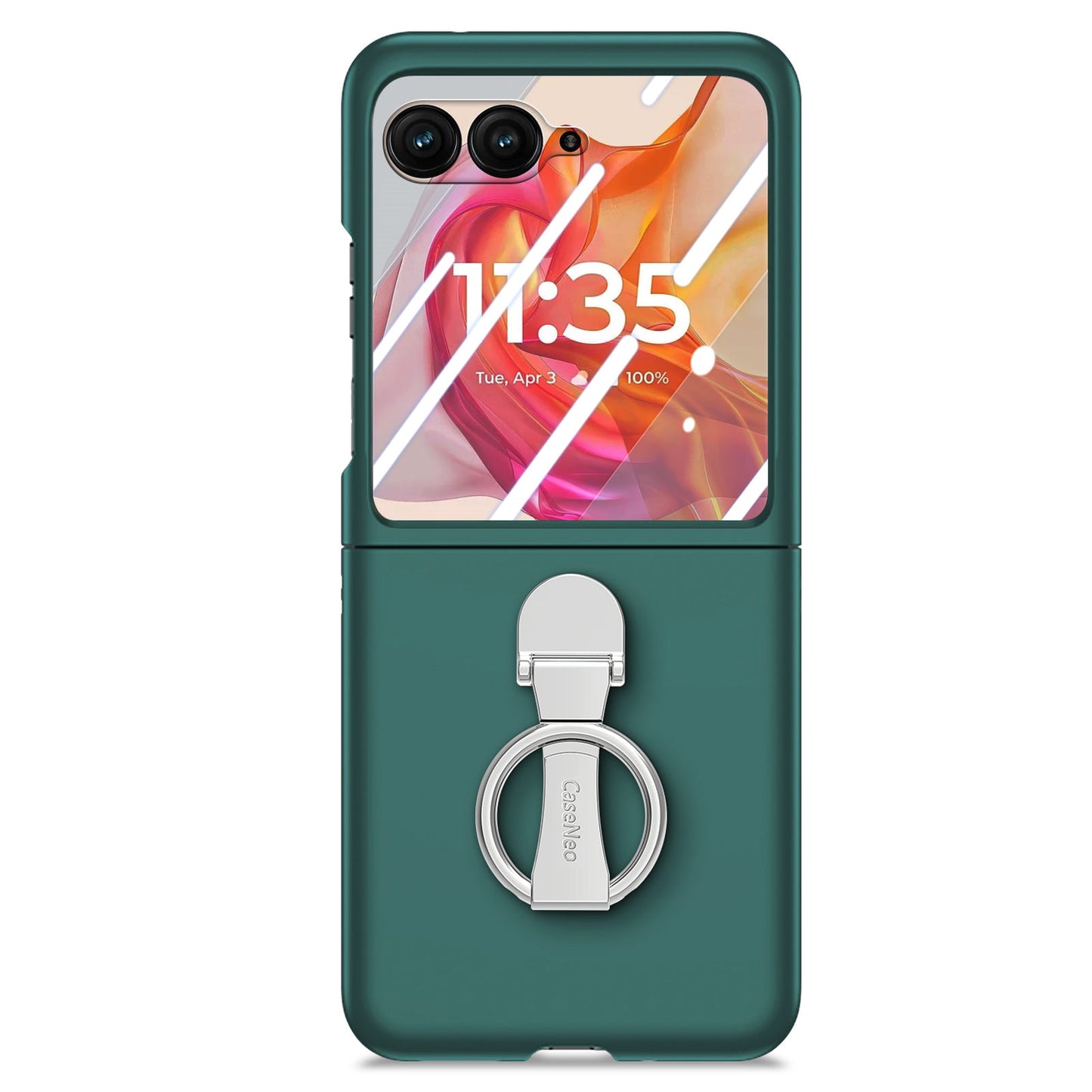 For Motorola Razr 50 Ultra 5G Case Ring Kickstand PC Phone Cover with Tempered Glass Rear Screen Film - Dark Green