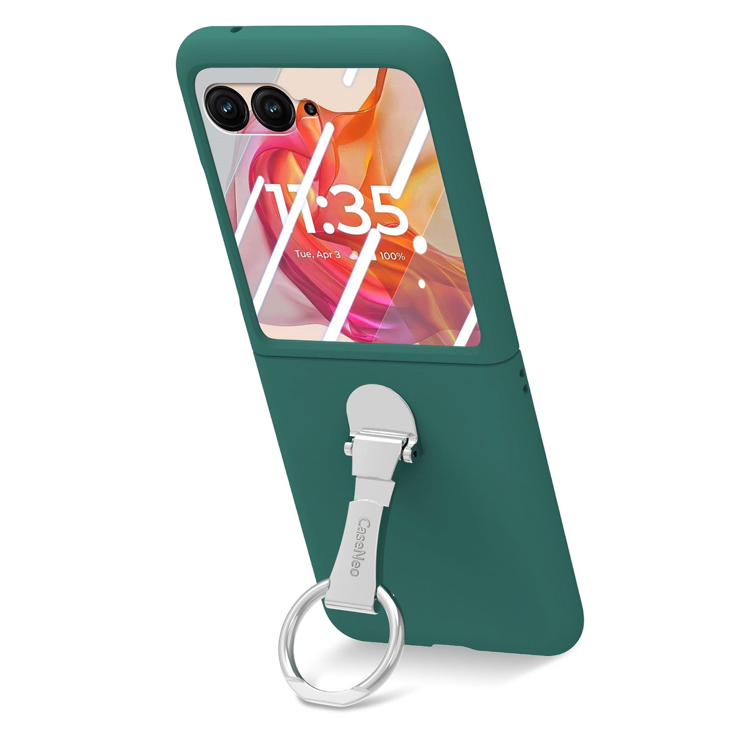 For Motorola Razr 50 Ultra 5G Case Ring Kickstand PC Phone Cover with Tempered Glass Rear Screen Film - Dark Green