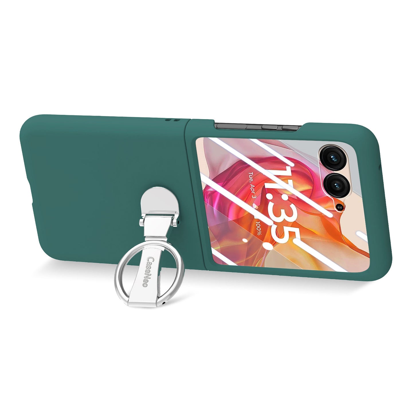 For Motorola Razr 50 Ultra 5G Case Ring Kickstand PC Phone Cover with Tempered Glass Rear Screen Film - Dark Green