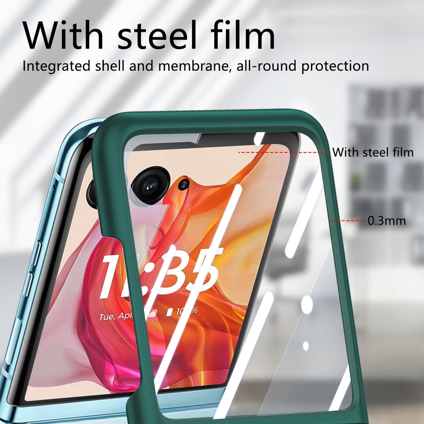For Motorola Razr 50 Ultra 5G Case Ring Kickstand PC Phone Cover with Tempered Glass Rear Screen Film - Dark Green