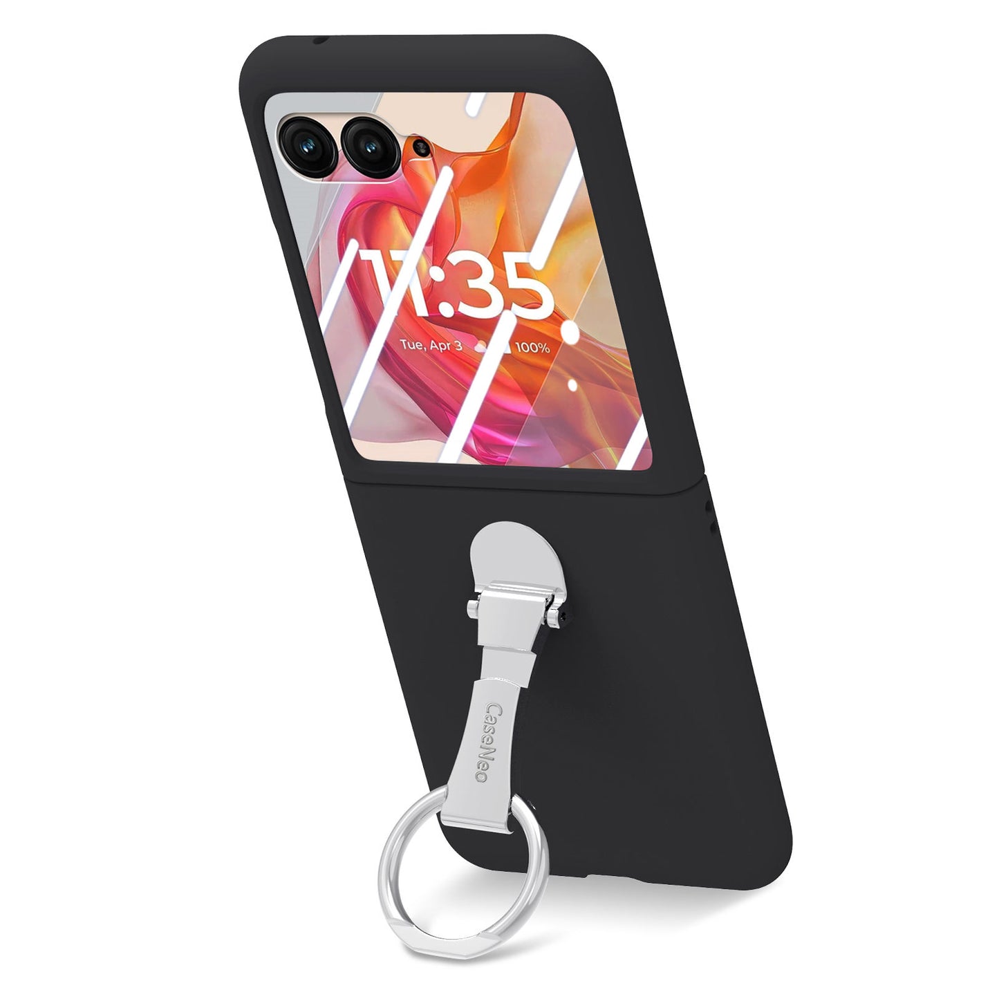 For Motorola Razr 50 Ultra 5G Case Ring Kickstand PC Phone Cover with Tempered Glass Rear Screen Film - Black